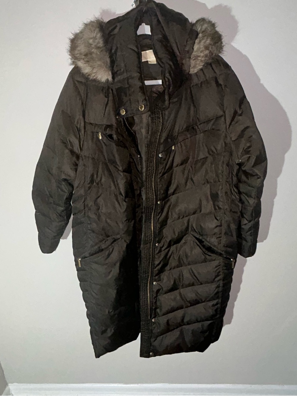 MICHAEL Michael Kors Black Long Quilted Puffer with Faux Fur Trim